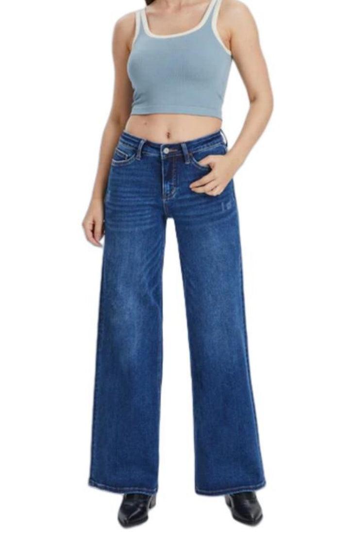 ONESO Mid-Low Rise Baggy BBL Jeans Wide Leg for Women Distressed Pants Stretchy Bottom Lady Basic Comfortable Denim