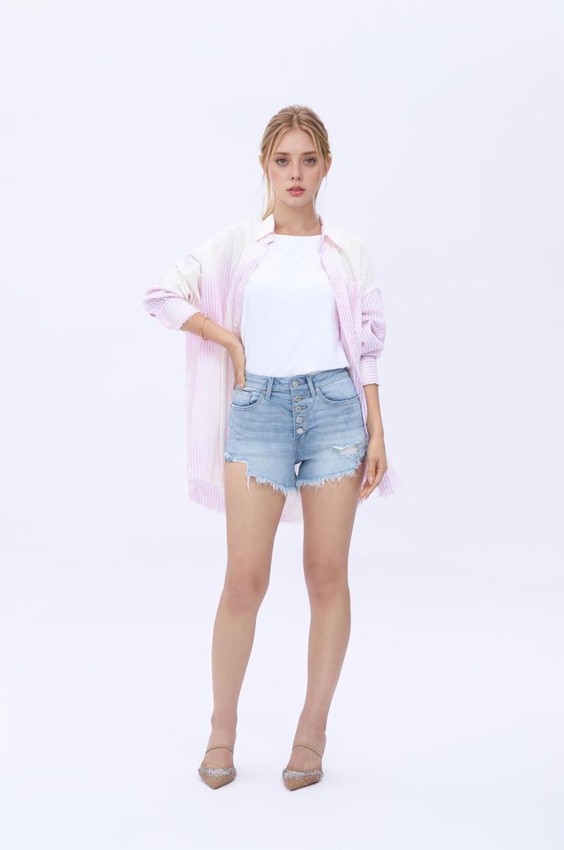 ONESO Women's Mid-to-High Rise Distressed Denim Shorts - Light Wash Ripped Jean Shorts with Button Fly and Raw Hem for a Chic Summer Look
