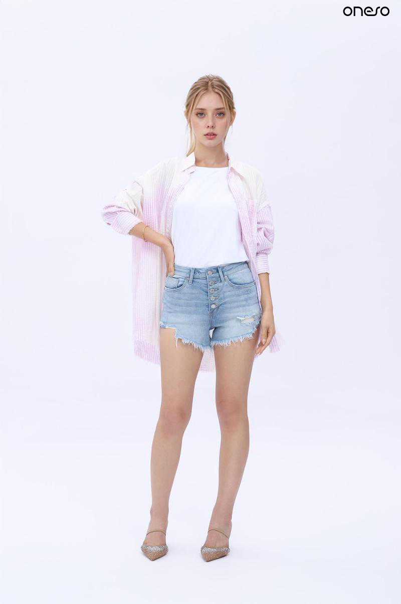 ONESO Women's Mid-to-High Rise Distressed Denim Shorts - Light Wash Ripped Jean Shorts with Button Fly and Raw Hem for a Chic Summer Look