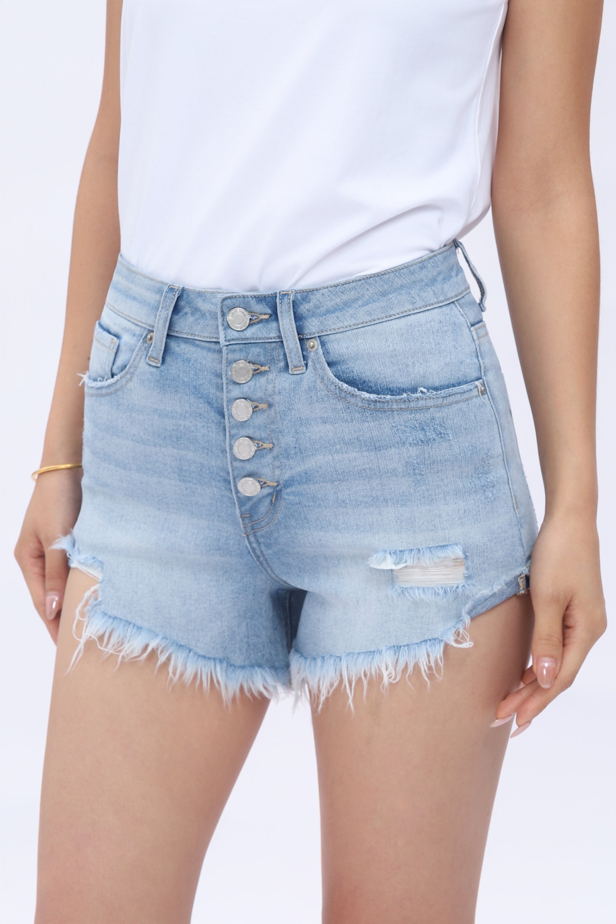 ONESO Women's Mid-to-High Rise Distressed Denim Shorts - Light Wash Ripped Jean Shorts with Button Fly and Raw Hem for a Chic Summer Look