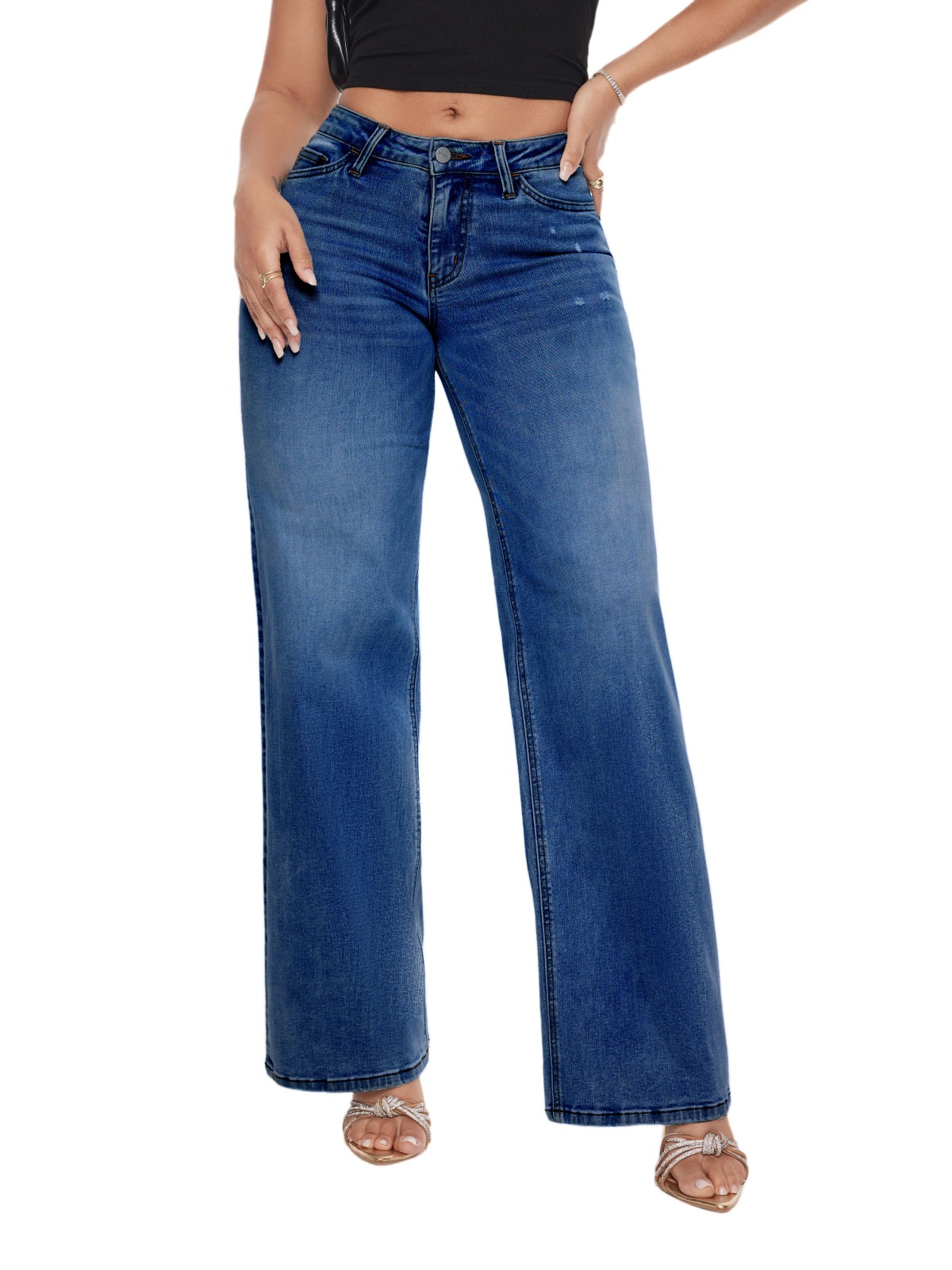 ONESO Mid-Low Rise Baggy BBL Jeans Wide Leg for Women Distressed Pants Stretchy Bottom Lady Basic Comfortable Denim