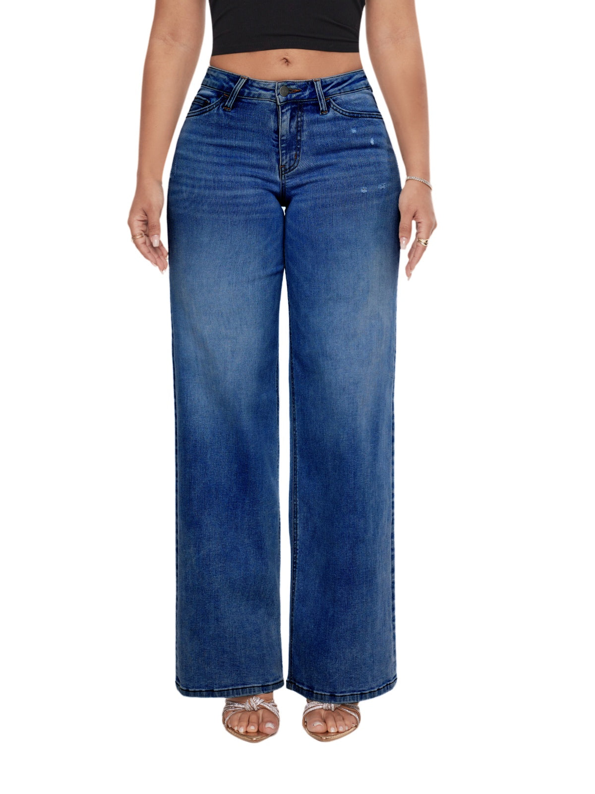 ONESO Mid-Low Rise Baggy BBL Jeans Wide Leg for Women Distressed Pants Stretchy Bottom Lady Basic Comfortable Denim