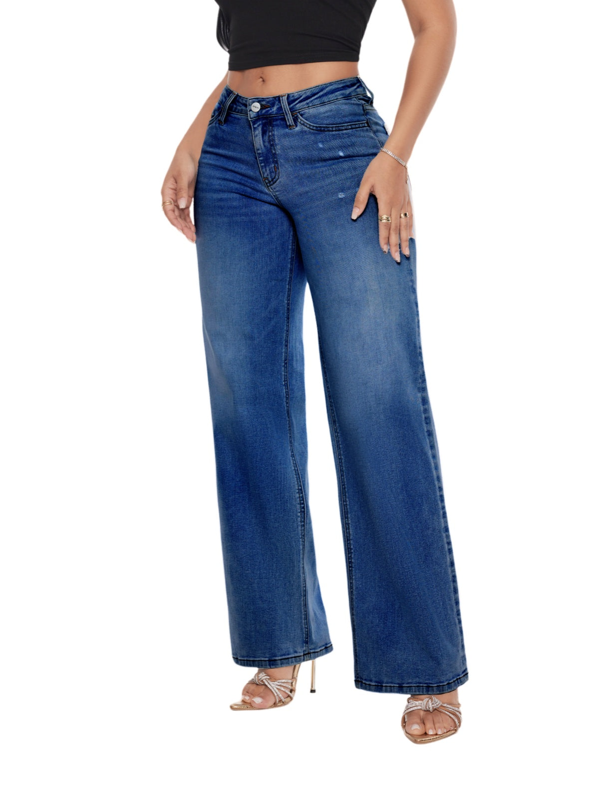 ONESO Mid-Low Rise Baggy BBL Jeans Wide Leg for Women Distressed Pants Stretchy Bottom Lady Basic Comfortable Denim