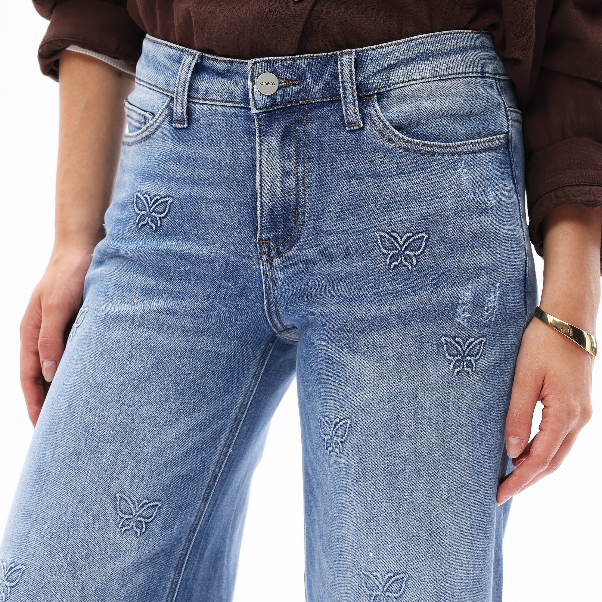 ONESO Women BBL Jeans Mid-Low Rise Wide Leg Stretch Relaxed Fit Embroidered Jeans Flat Tummy Design Simple Basic Trousers