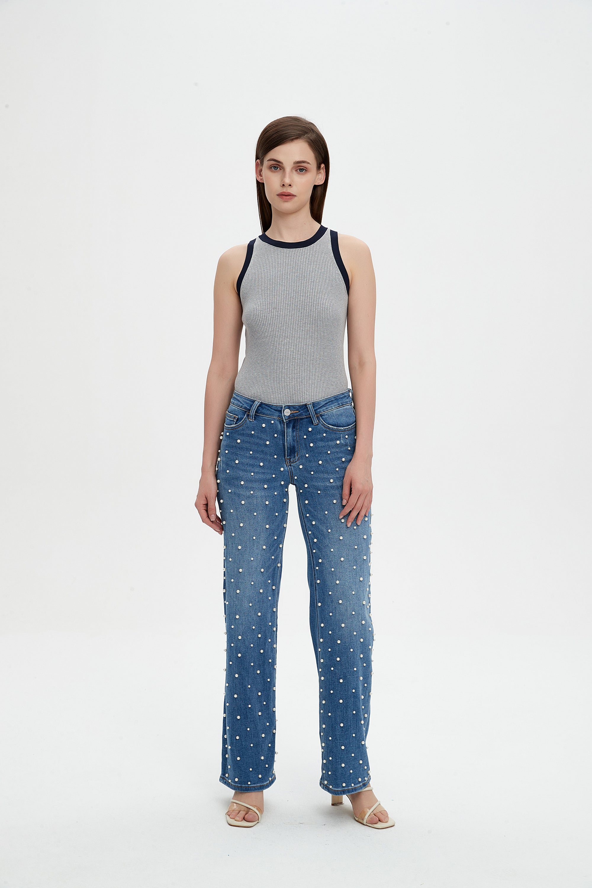 ONESO Women's Pearl Wide Leg Mid Low Waist Relaxed Fit Flattering Jeans