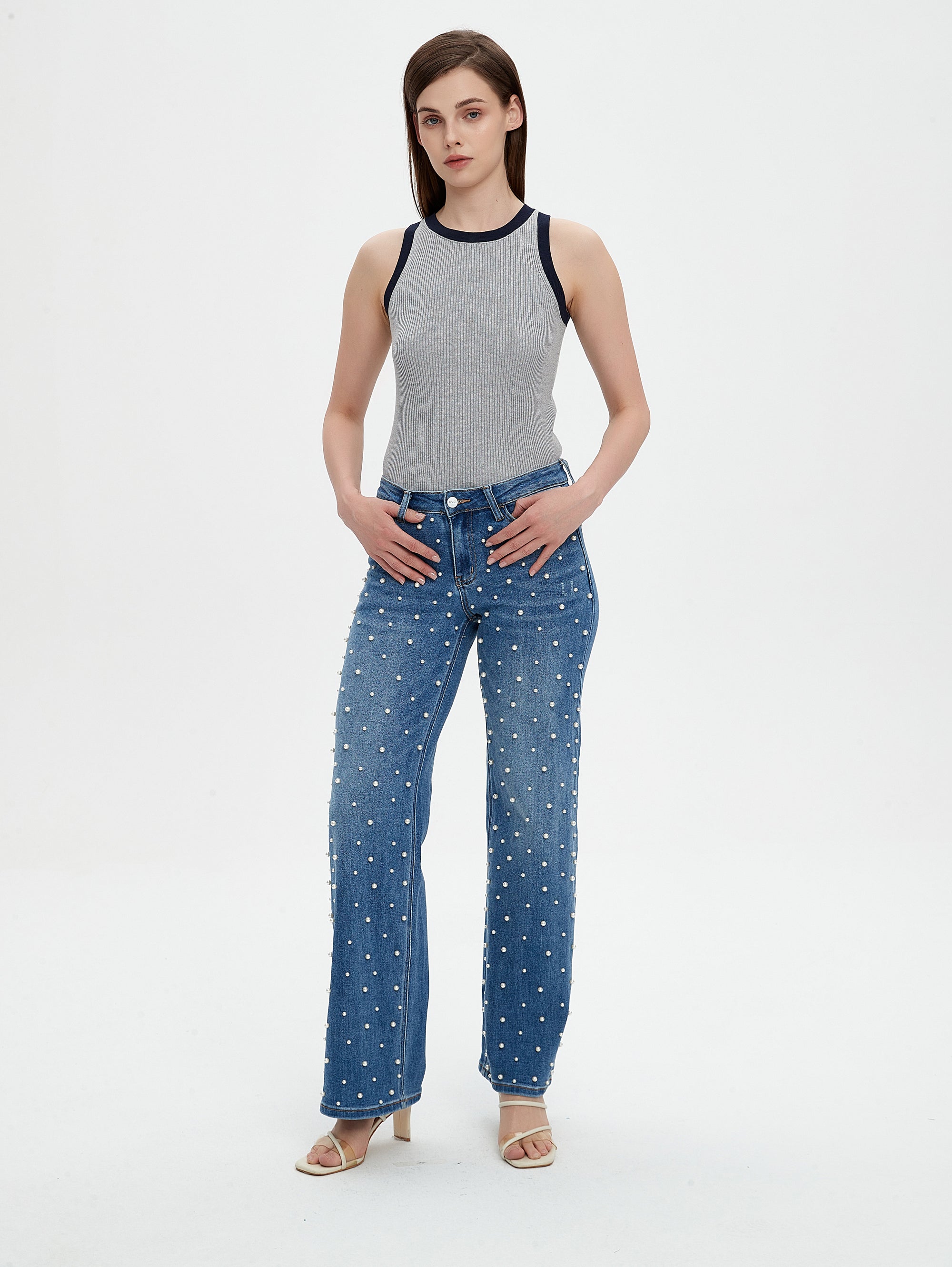 ONESO Women's Pearl Wide Leg Mid Low Waist Relaxed Fit Flattering Jeans