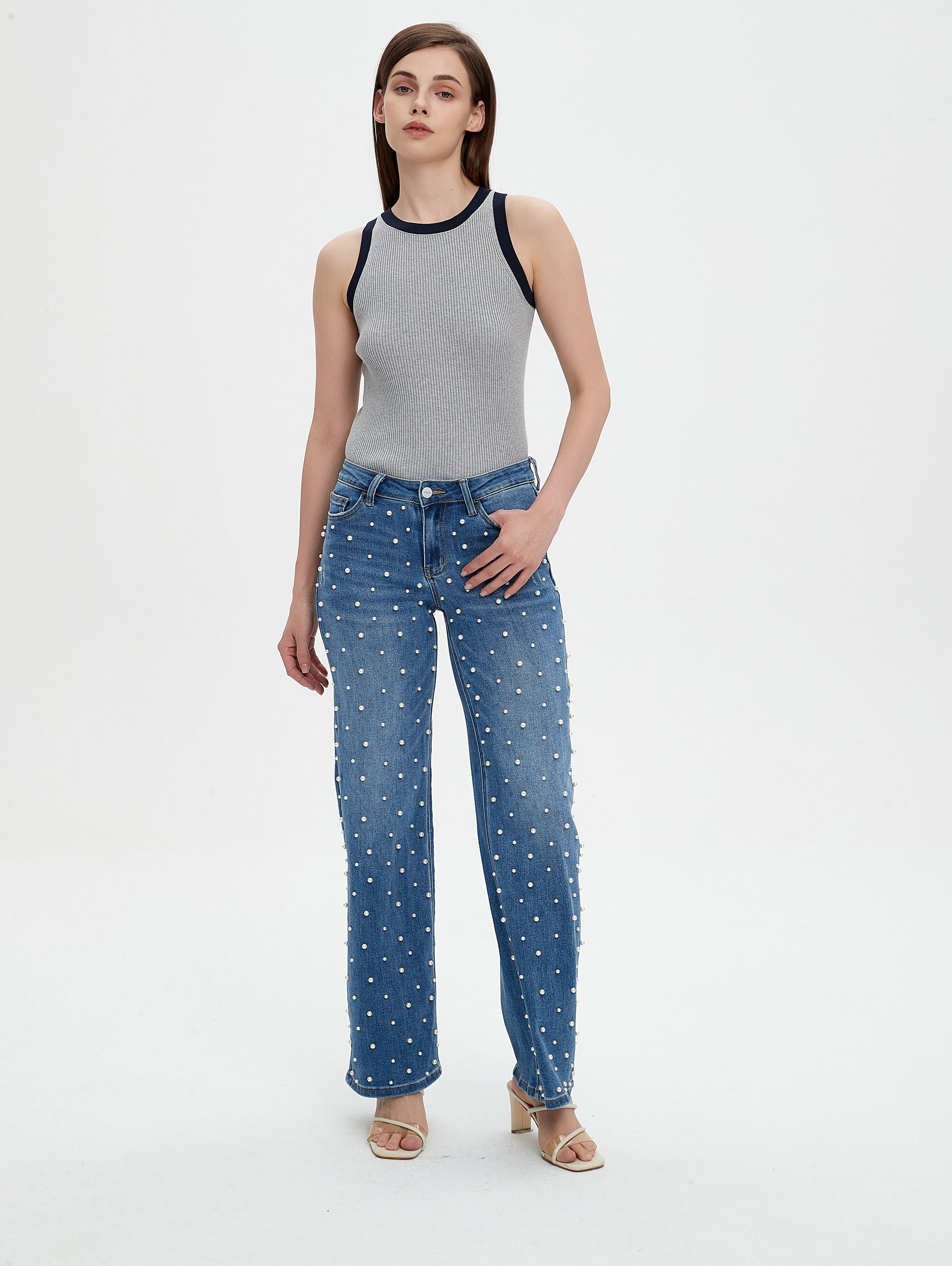 ONESO Women's Pearl Wide Leg Mid Low Waist Relaxed Fit Flattering Jeans