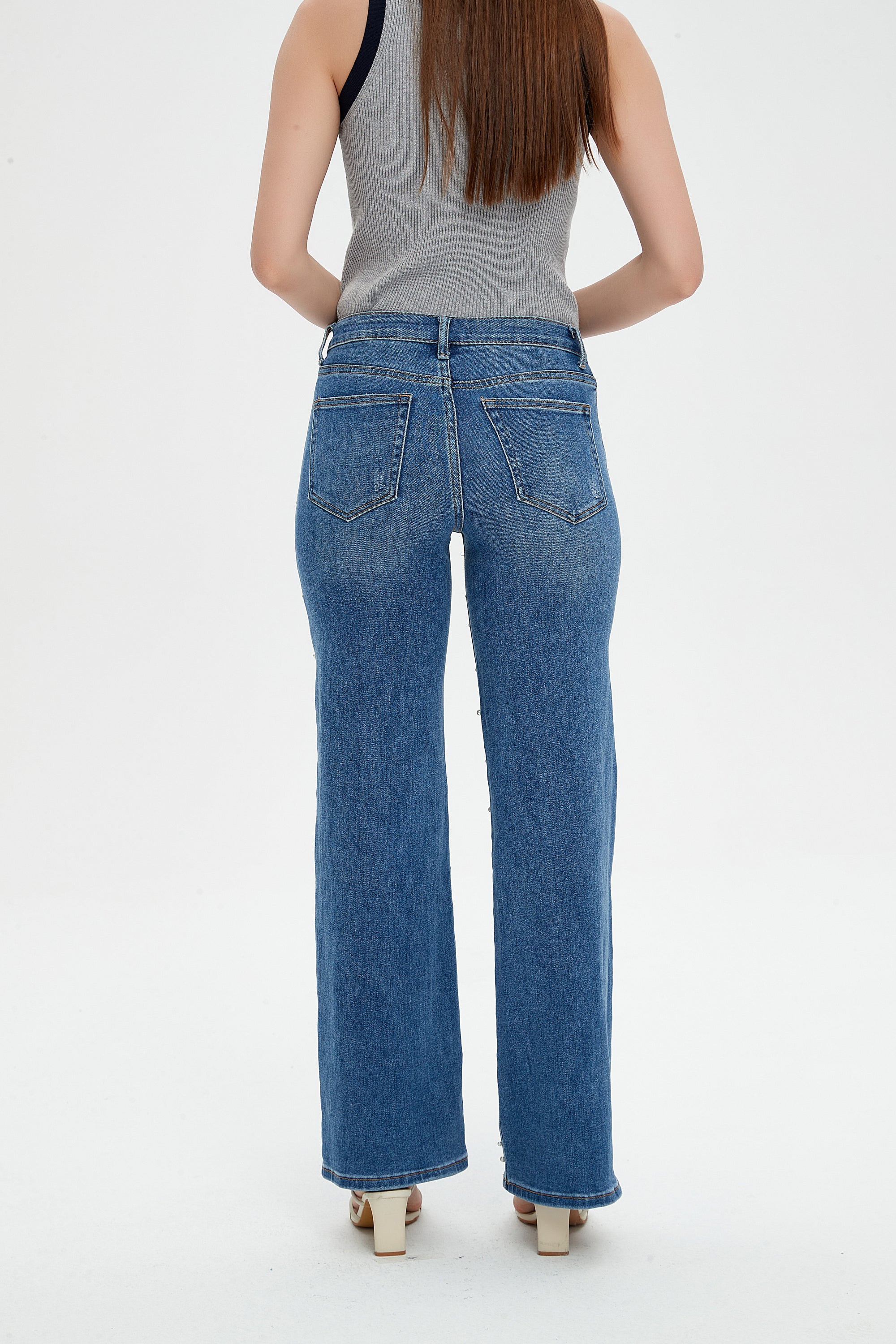 ONESO Women's Pearl Wide Leg Mid Low Waist Relaxed Fit Flattering Jeans