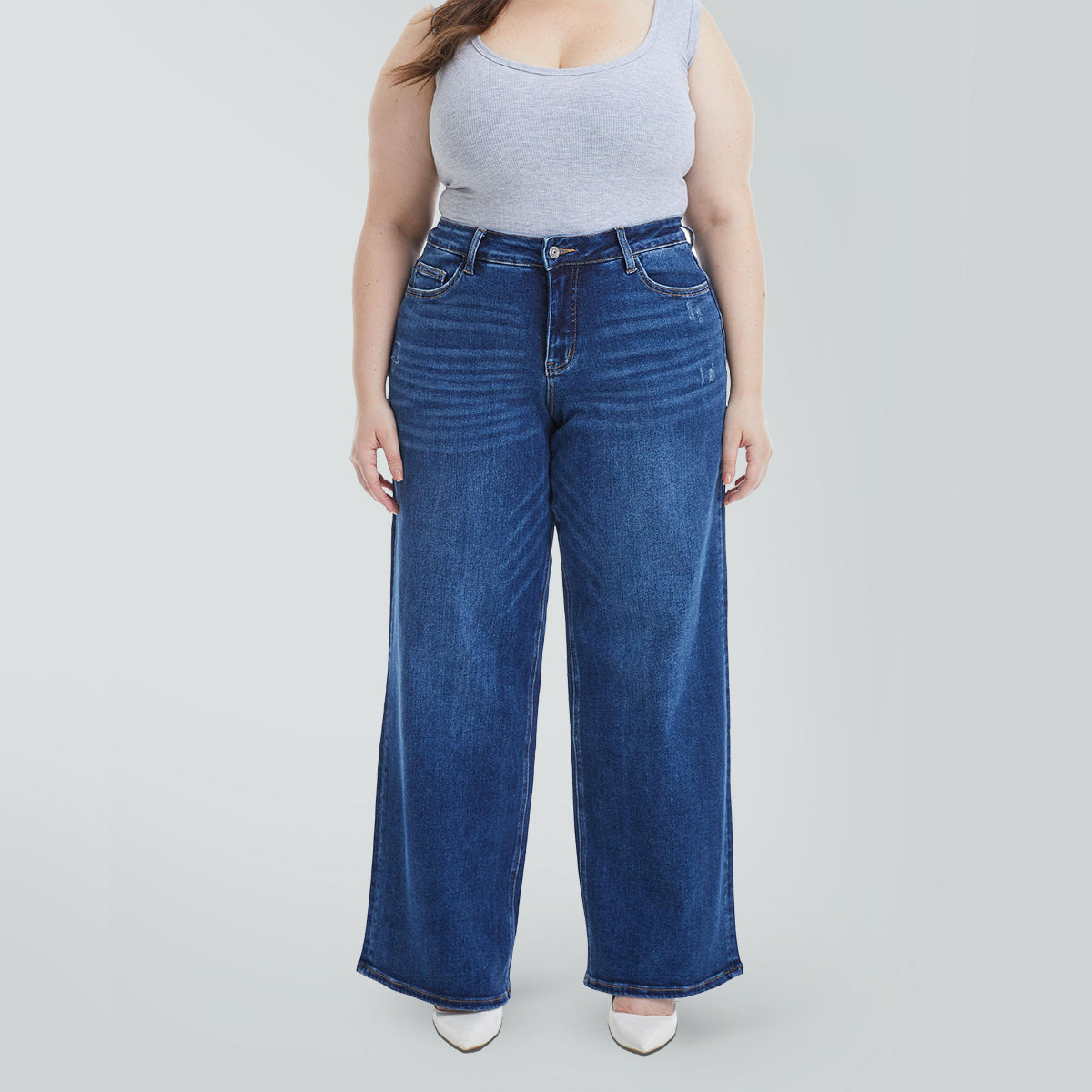 ONESO Mid-Low Rise Baggy BBL Jeans Wide Leg for Women Distressed Pants Stretchy Bottom Lady Basic Comfortable Denim