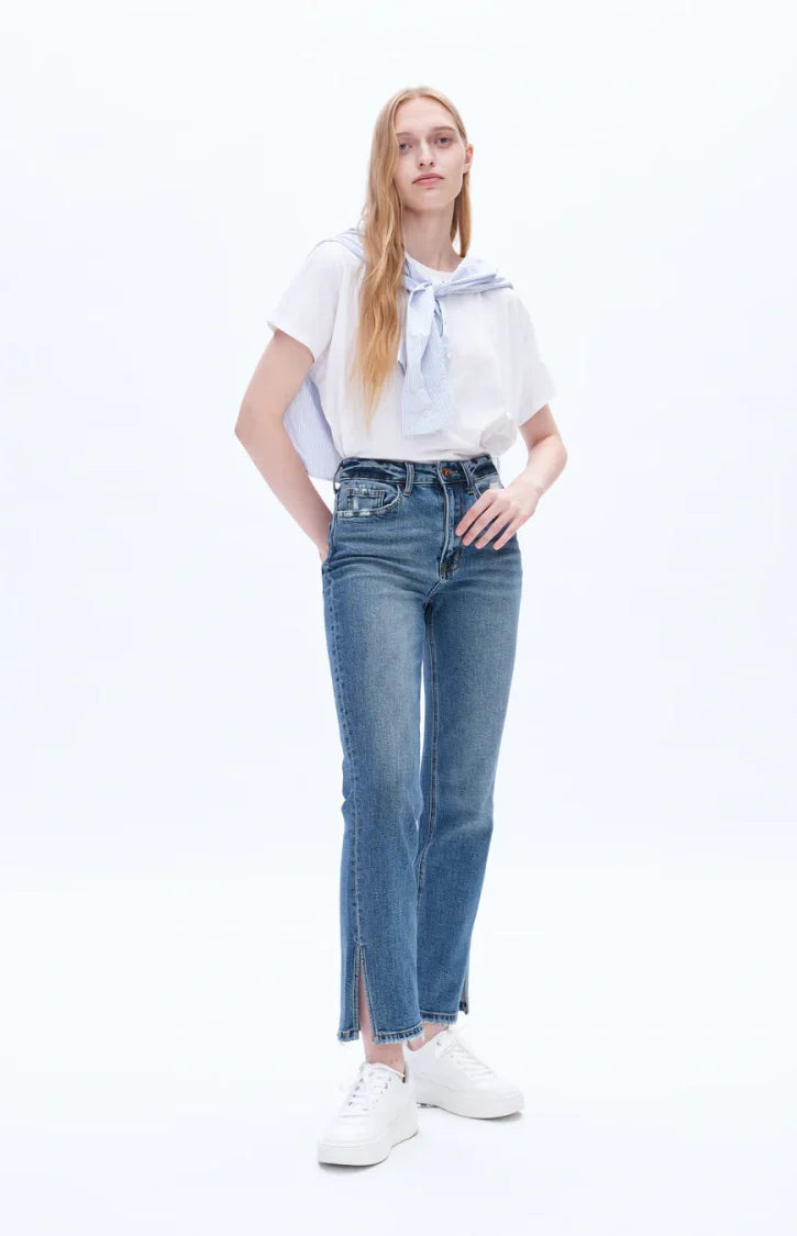 High Rise Stretch Straight Leg Distressed Jeans