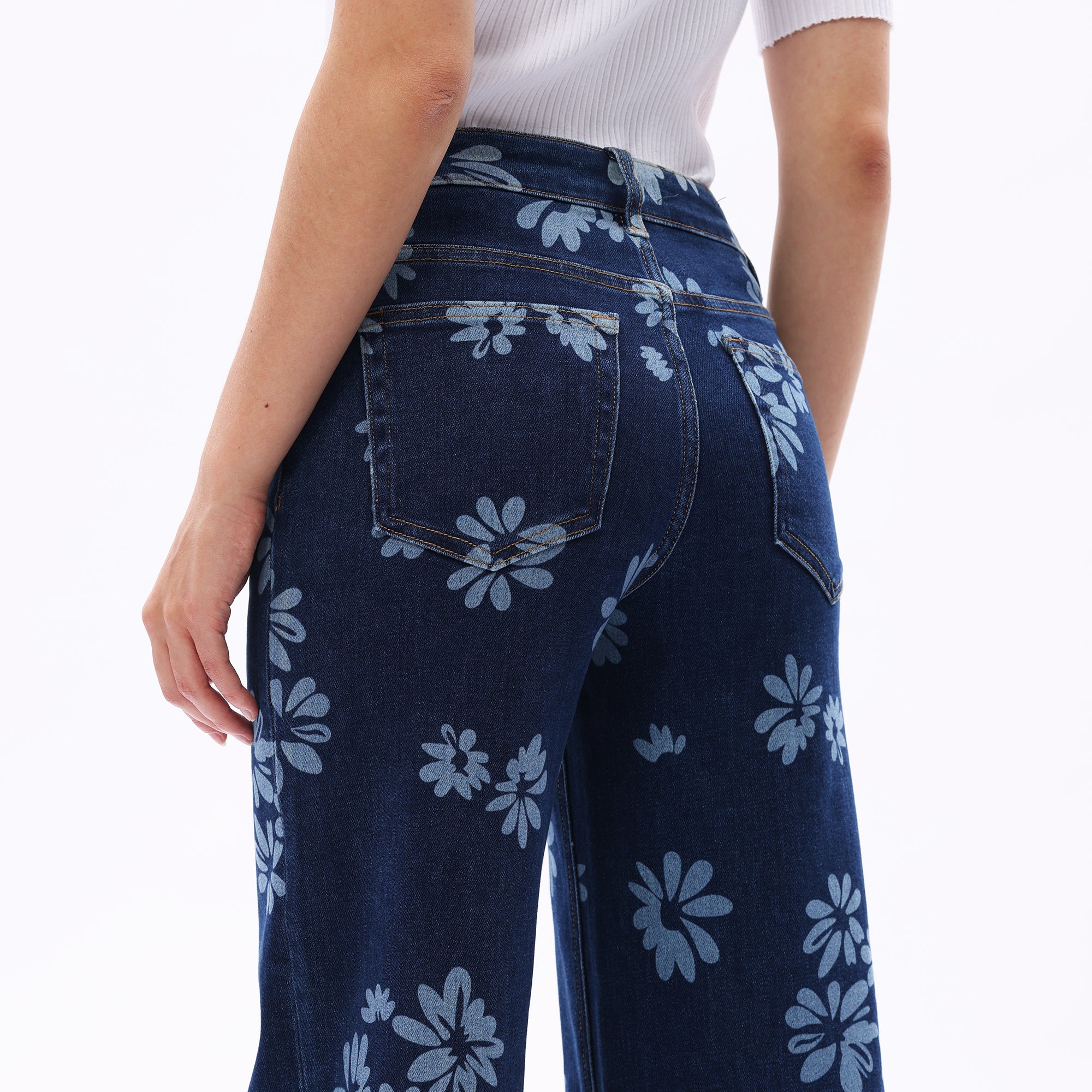 ONESO Women BBL Jeans Mid-Low Rise Wide Leg Stretch Baggy Printing Denim with Tummy Control Minimalist Basic Trouser