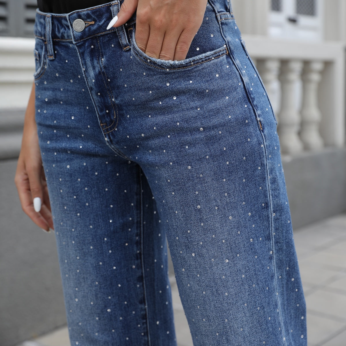 Women&#39;s Wide Leg Jeans High Waisted Straight Leg Jeans Trendy Stretchy Casual Denim Pants with Sequins 90s