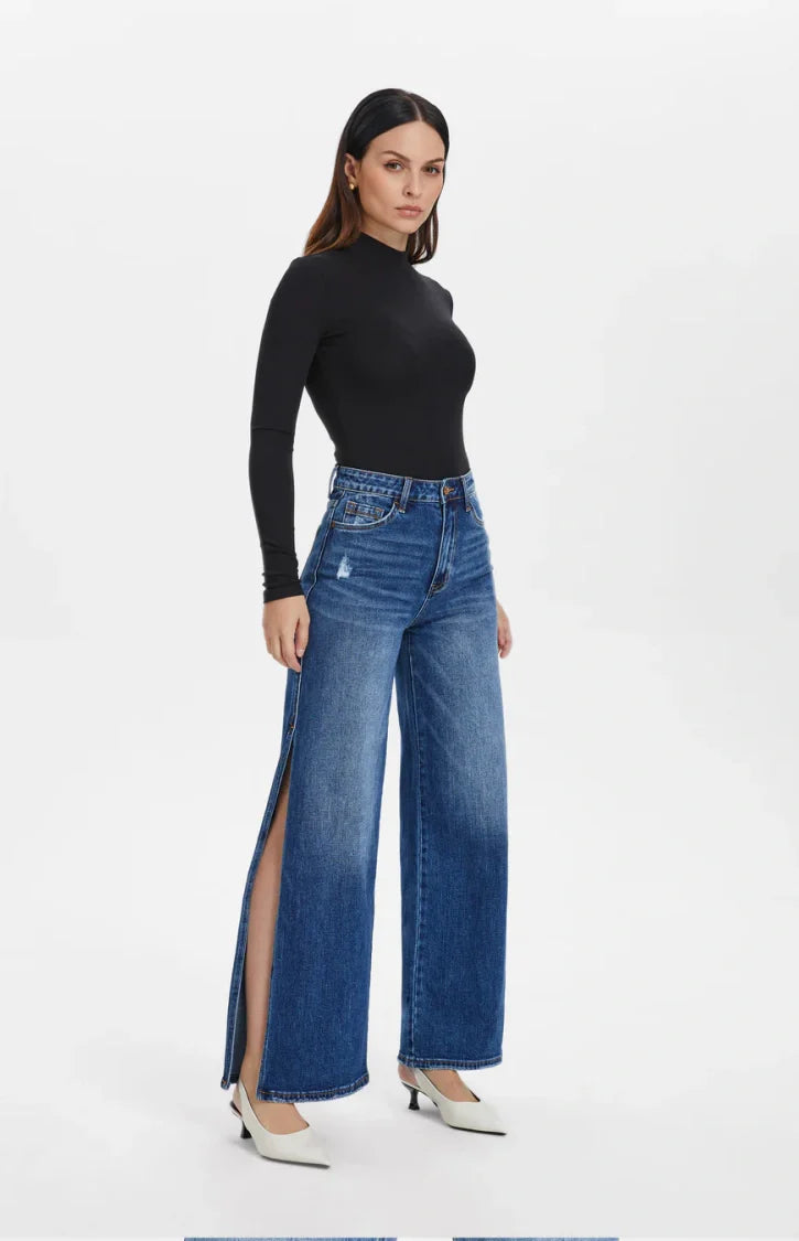 High Rise Stretch Wide Leg Side Slit Grinding Jeans