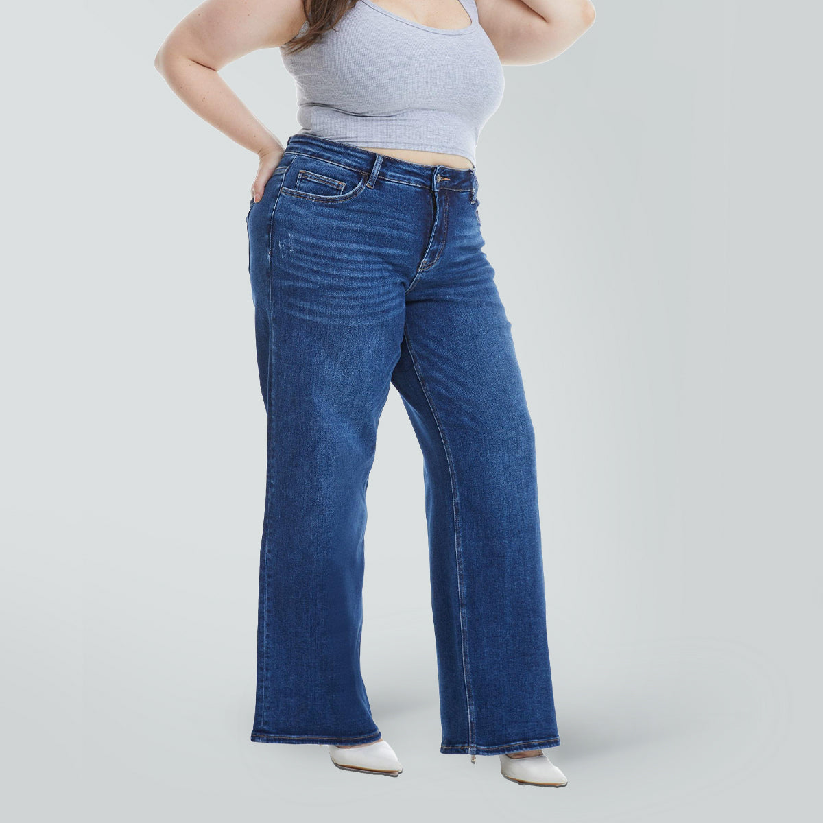 ONESO Mid-Low Rise Baggy BBL Jeans Wide Leg for Women Distressed Pants Stretchy Bottom Lady Basic Comfortable Denim