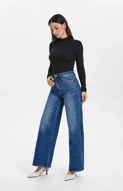 High Rise Stretch Wide Leg Side Slit Grinding Jeans