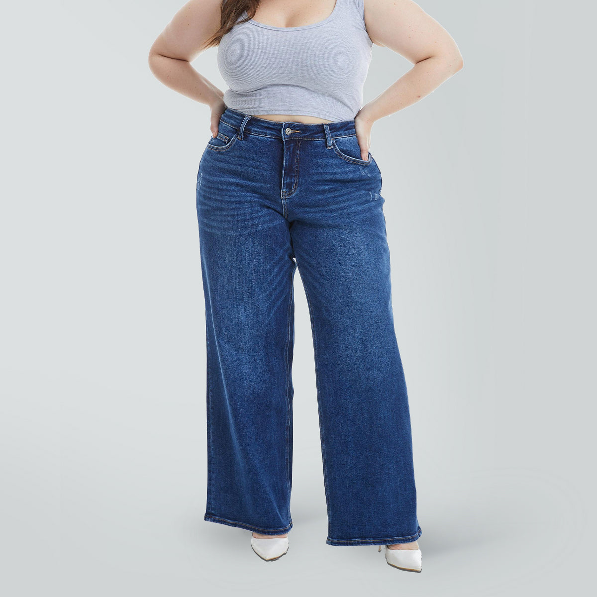 ONESO Mid-Low Rise Baggy BBL Jeans Wide Leg for Women Distressed Pants Stretchy Bottom Lady Basic Comfortable Denim