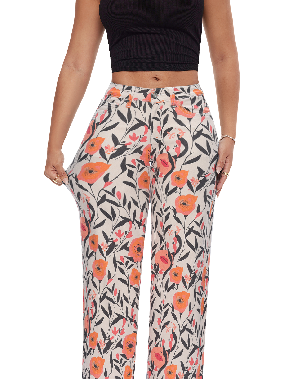 ONESO Women BBL Jeans Floral Print Mid-Low Rise Relaxed Straight Leg High Stretchy Pants