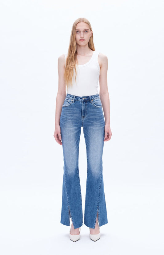 High Rise Stretch Flare Distressed Front Slit Jeans