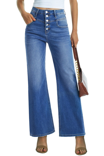 Women Flare Jeans High Waisted Button Fly Wide Leg