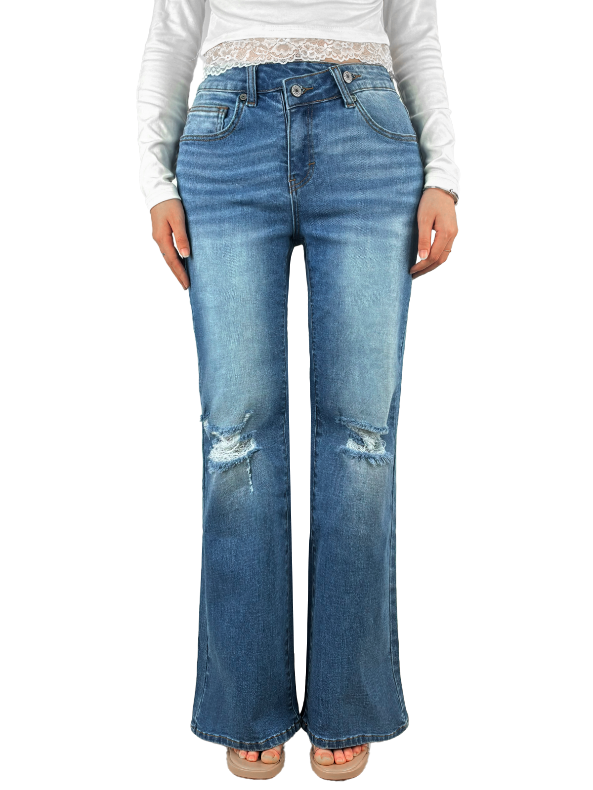 Women Bootcut Ripped Wide Leg Jeans