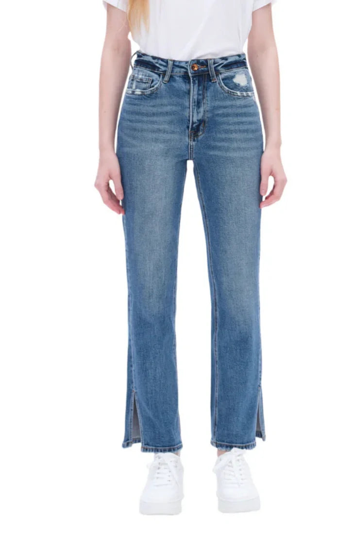 High Rise Stretch Straight Leg Distressed Jeans