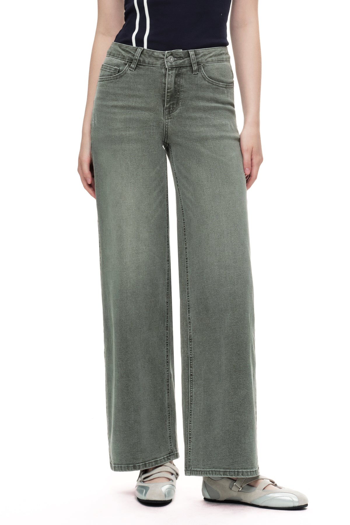 ONESO Army Green Mid Rise Wide Leg Jeans
