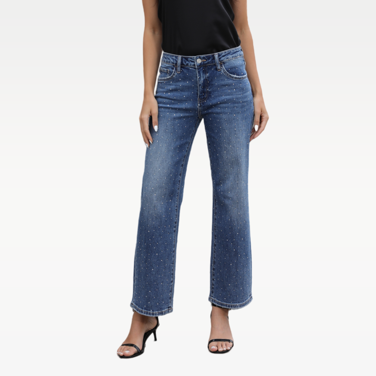 Women&#39;s Wide Leg Jeans High Waisted Straight Leg Jeans Trendy Stretchy Casual Denim Pants with Sequins 90s