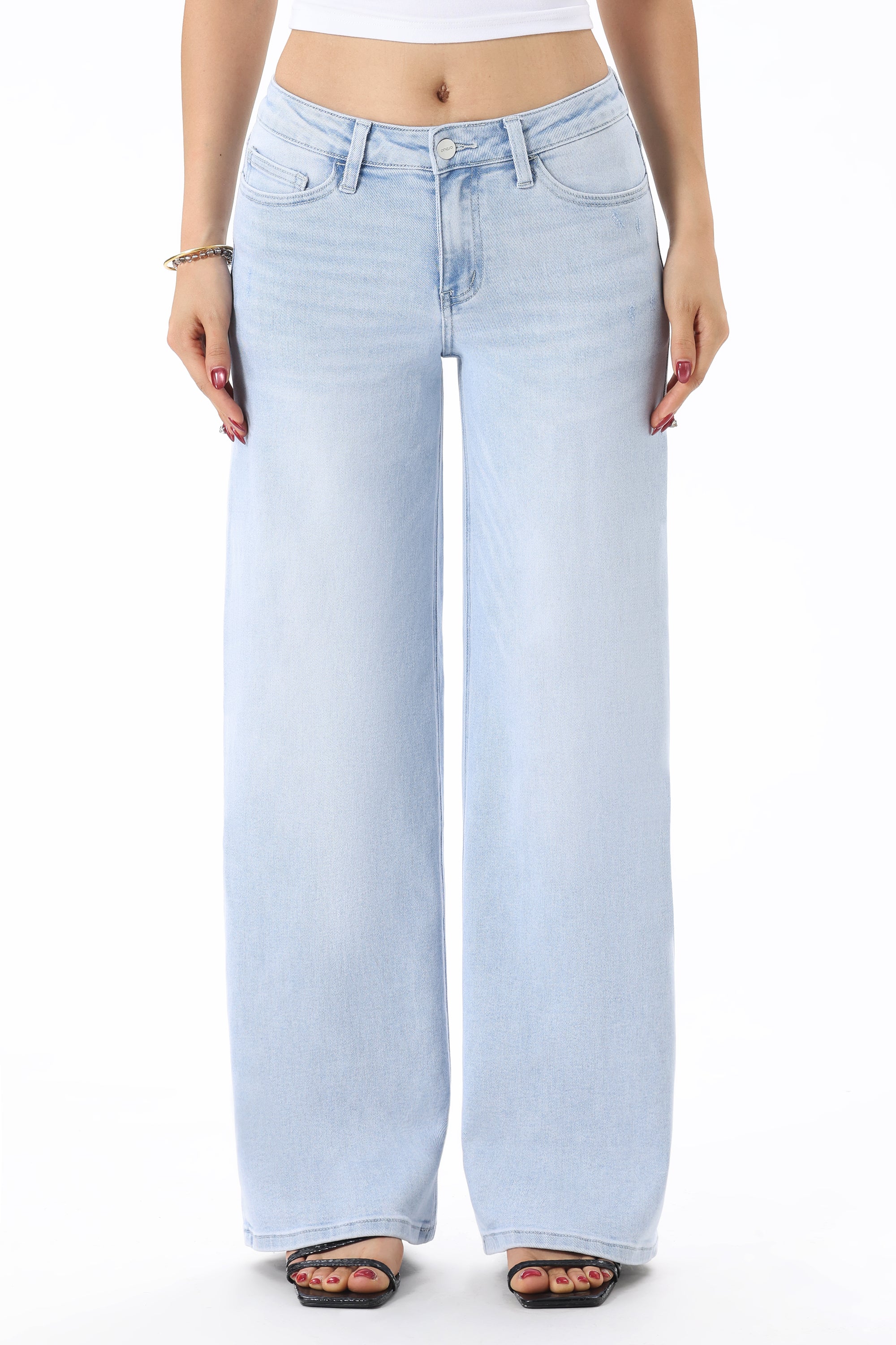 ONESO Women Mid-Low Rise Baggy BBL Jeans Wide Leg  Distressed Pants Stretchy Bottom Lady Basic Comfortable Denim