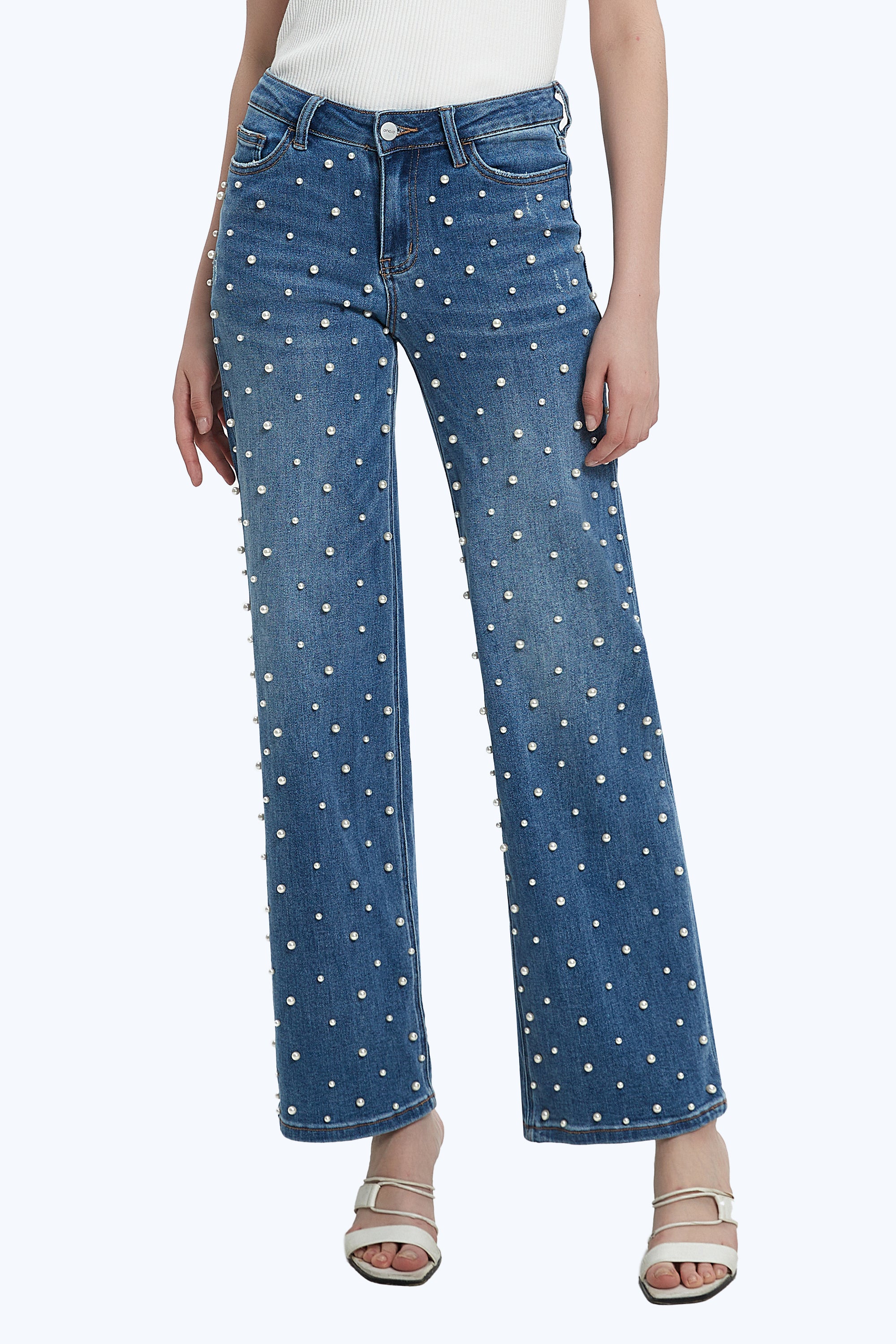 ONESO Women's Pearl Wide Leg Mid Low Waist Relaxed Fit Flattering Jeans