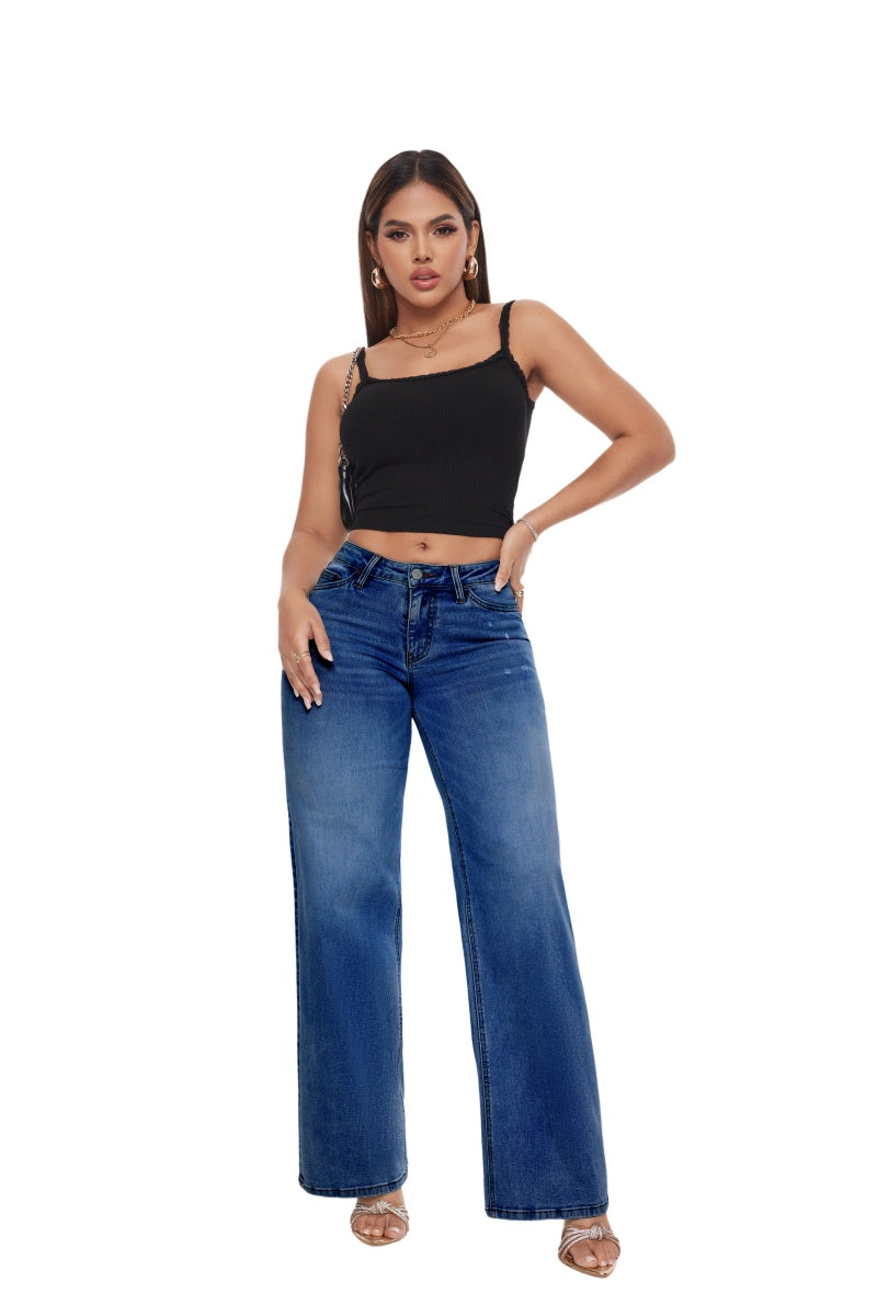 ONESO Mid-Low Rise Baggy BBL Jeans Wide Leg for Women Distressed Pants Stretchy Bottom Lady Basic Comfortable Denim
