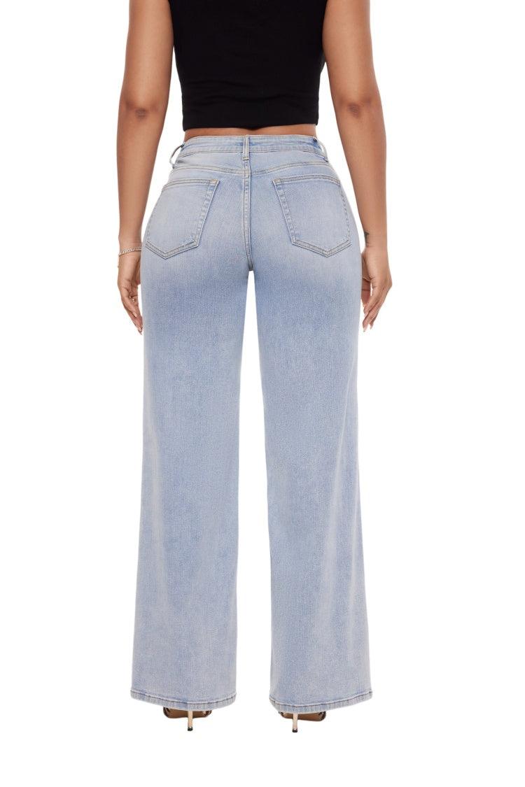 ONESO Mid-Low Rise Baggy Jeans Wide Leg for Women Distressed Pants Stretchy Bottom Lady Basic Comfortable Denim - Onesodenim