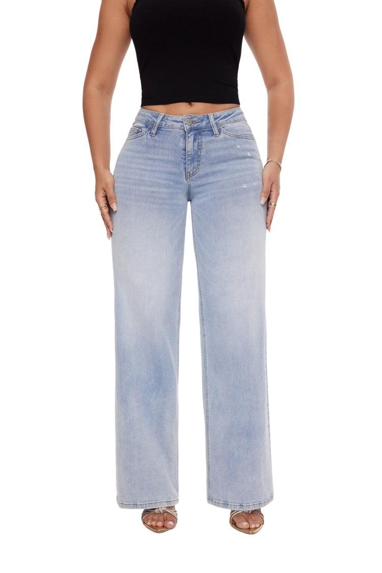 ONESO Mid-Low Rise Baggy Jeans Wide Leg for Women Distressed Pants Stretchy Bottom Lady Basic Comfortable Denim - Onesodenim