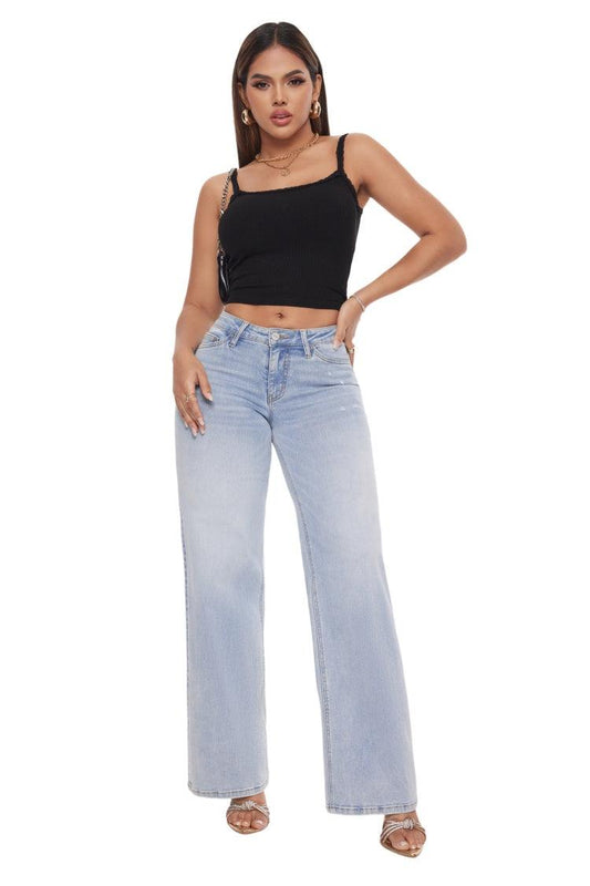 ONESO Mid-Low Rise Baggy BBL Jeans Wide Leg for Women Distressed Pants Stretchy Bottom Lady Basic Comfortable Denim