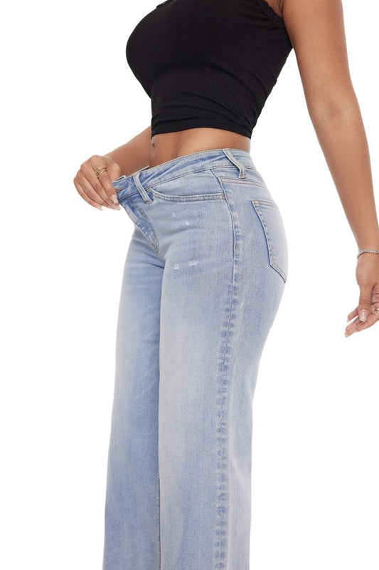 ONESO Mid-Low Rise Baggy BBL Jeans Wide Leg for Women Distressed Pants Stretchy Bottom Lady Basic Comfortable Denim