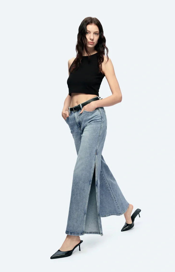 High Rise Stretch Wide Leg Side Slit Grinding Jeans