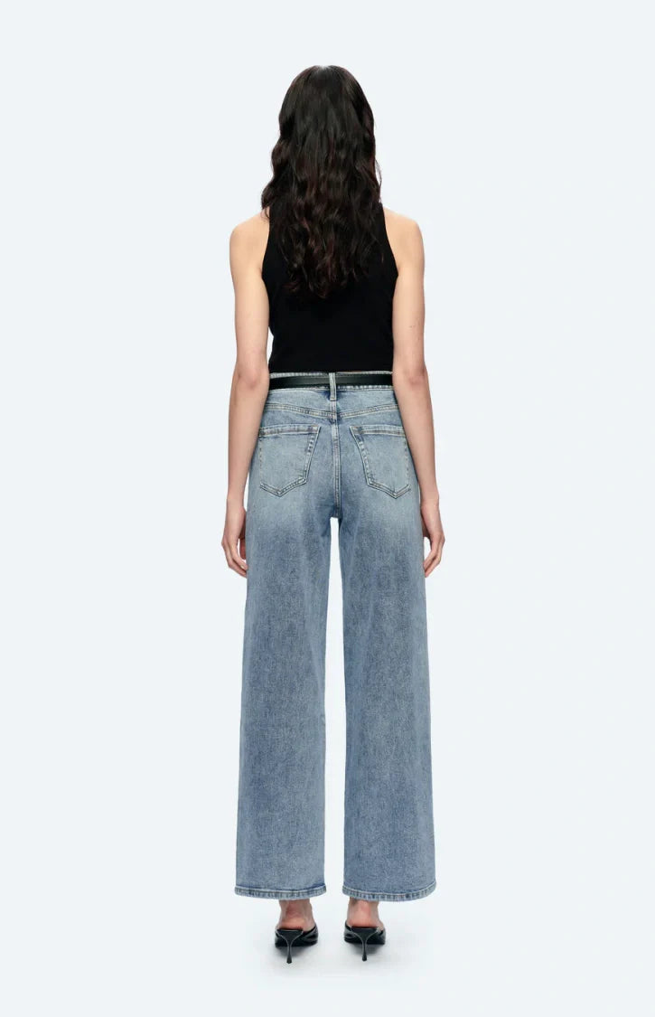 High Rise Stretch Wide Leg Side Slit Grinding Jeans