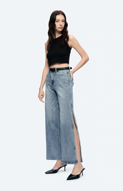 High Rise Stretch Wide Leg Side Slit Grinding Jeans