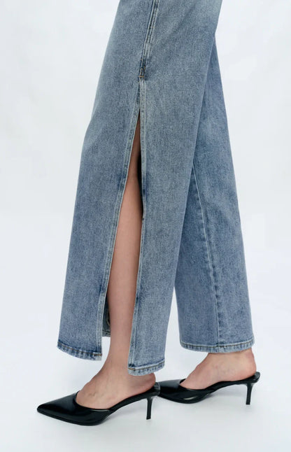 High Rise Stretch Wide Leg Side Slit Grinding Jeans