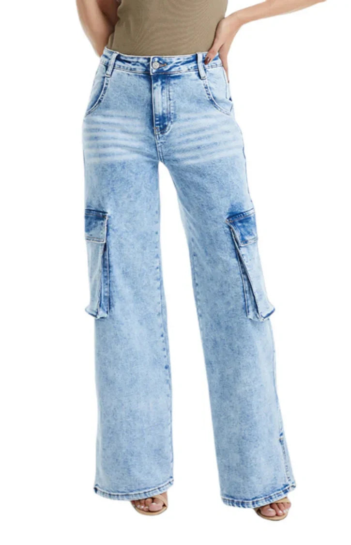 ONESO Vintage Snowflake Wide Leg Jeans with Oversized Side Pockets - Onesodenim