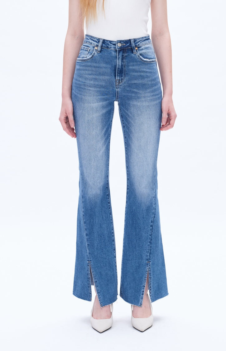 High Rise Stretch Flare Distressed Front Slit Jeans