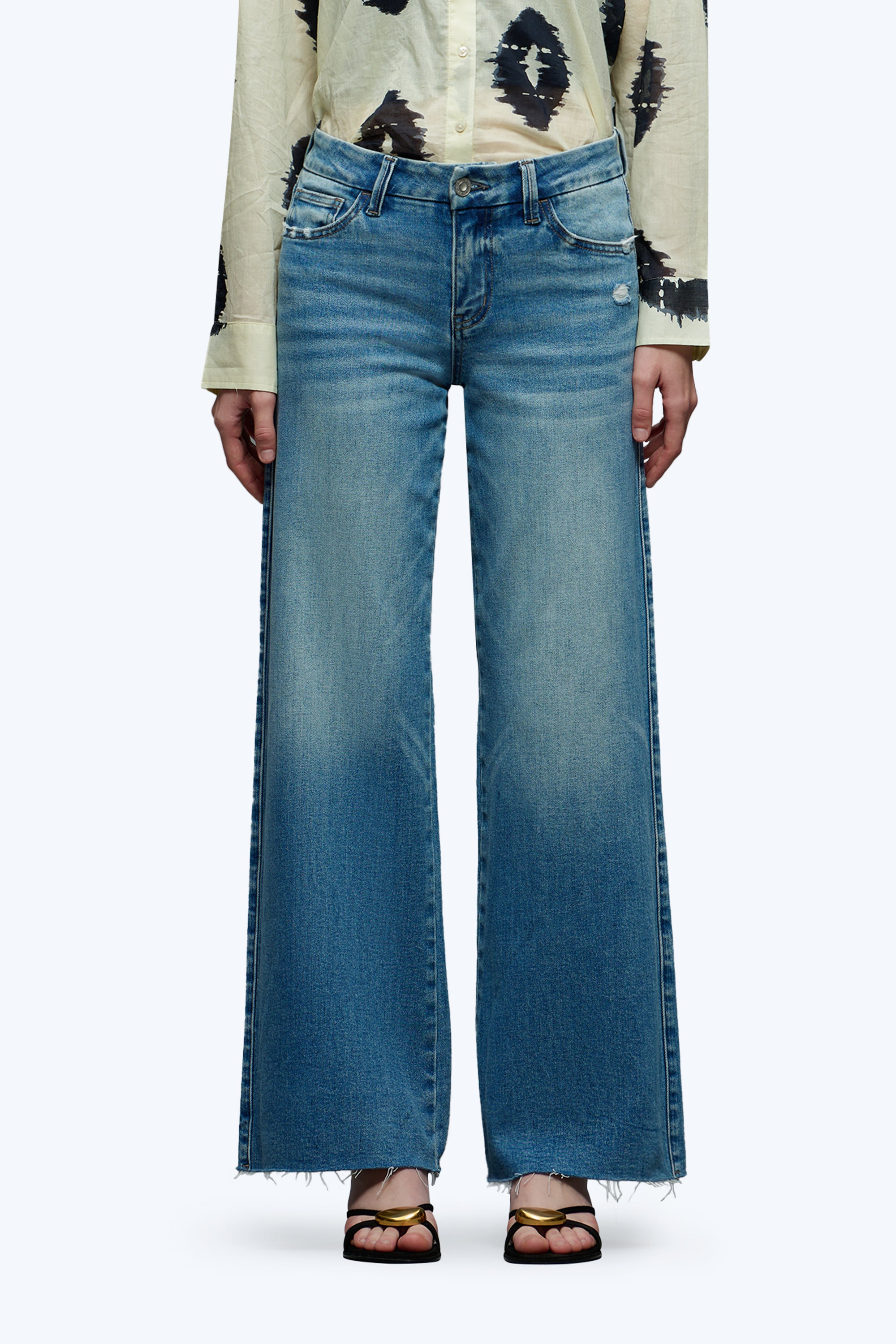 ONESO Mid-Low Rise Baggy Jeans Wide Leg for Women Distressed Pants Stretchy Bottom Lady Basic Comfortable