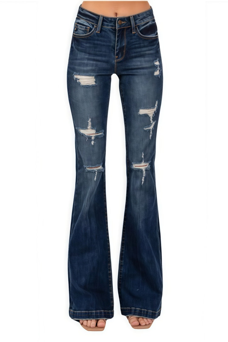 Mid Rise Ripped Flared Jeans