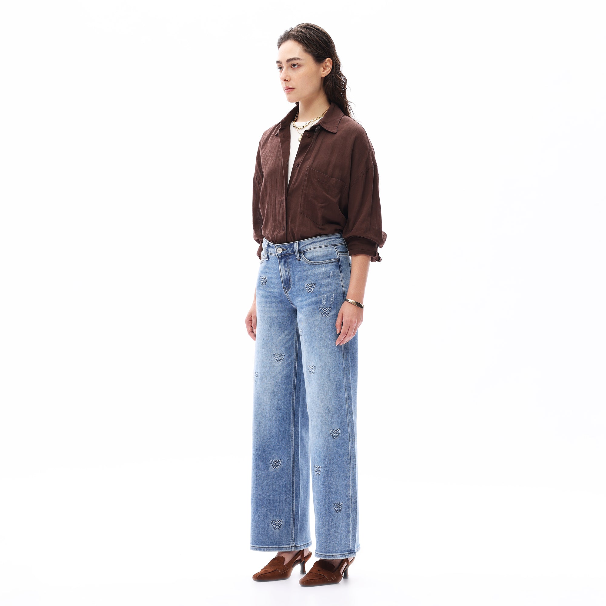 ONESO Women BBL Jeans Mid-Low Rise Wide Leg Stretch Relaxed Fit Embroidered Jeans Flat Tummy Design Simple Basic Trousers