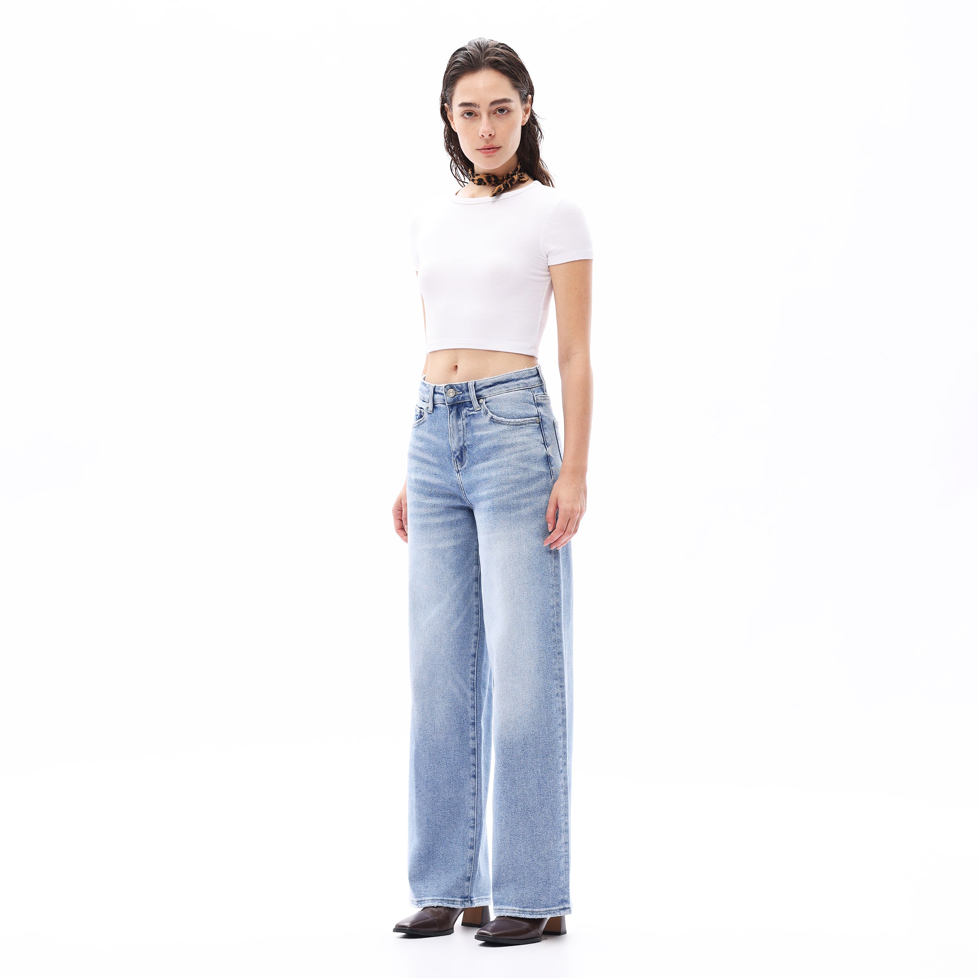 ONESO Women BBL Hight Rise Raw Hem Baggy Jeans High Stretchy Wide Leg Tummy Denim Pants