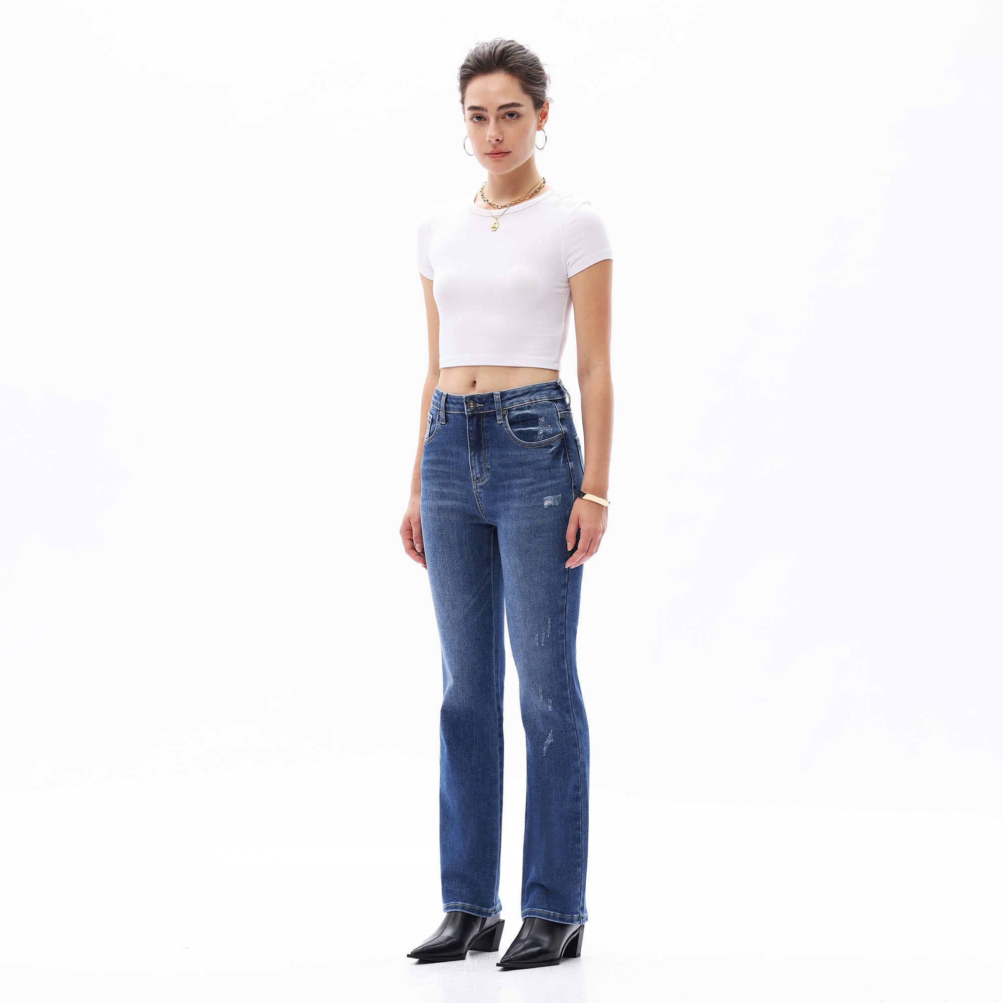 ONESO Classic Straight Leg High Rise Jeans Casual Distressed Denim Vintage Wash Women Jeans