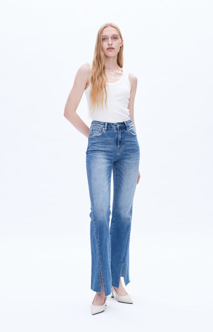 High Rise Stretch Flare Distressed Front Slit Jeans