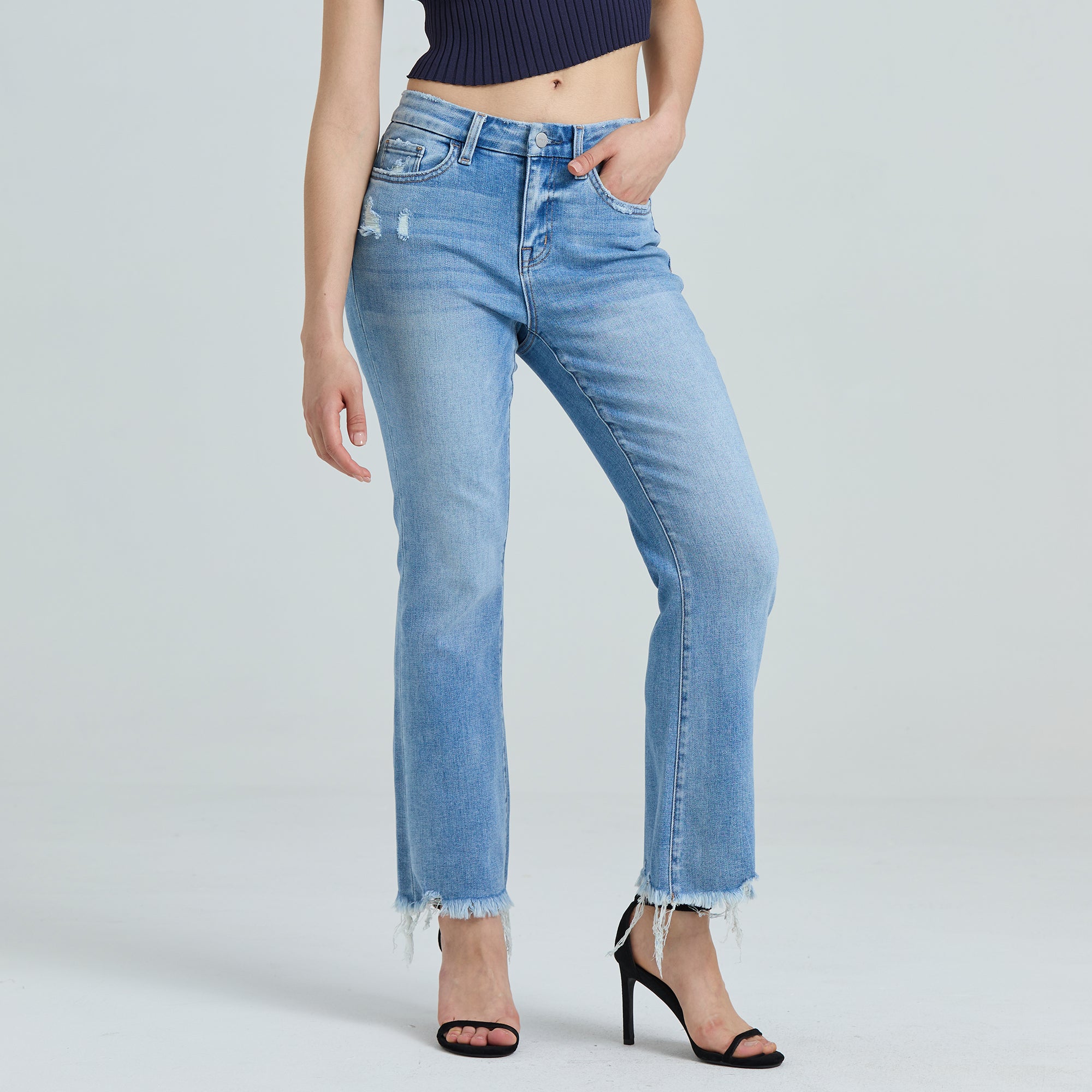 ONESO Low Waist Crop Flare Jeans Raw Edge Jeans