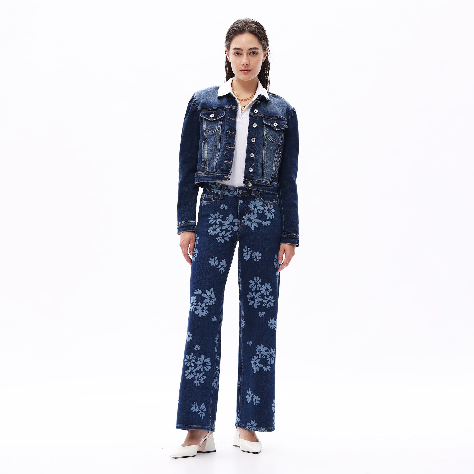 ONESO Women BBL Jeans Mid-Low Rise Wide Leg Stretch Baggy Printing Denim with Tummy Control Minimalist Basic Trouser
