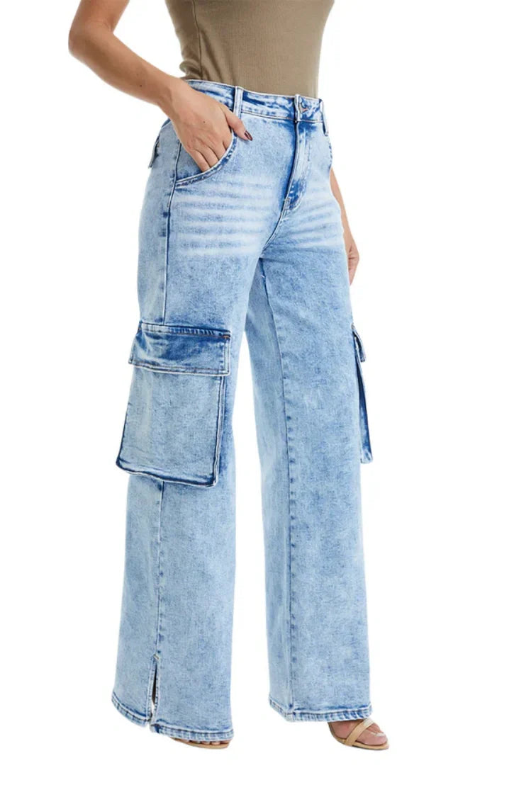 ONESO Vintage Snowflake Wide Leg Jeans with Oversized Side Pockets - Onesodenim