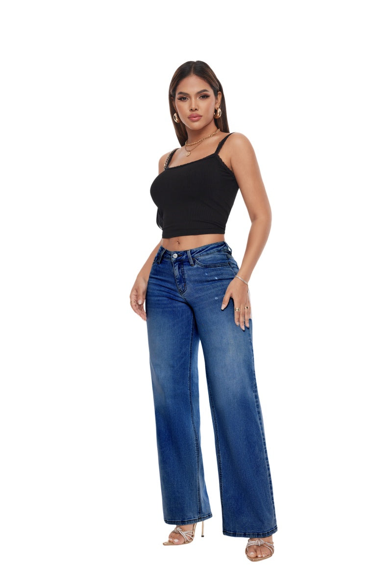 ONESO Mid-Low Rise Baggy BBL Jeans Wide Leg for Women Distressed Pants Stretchy Bottom Lady Basic Comfortable Denim